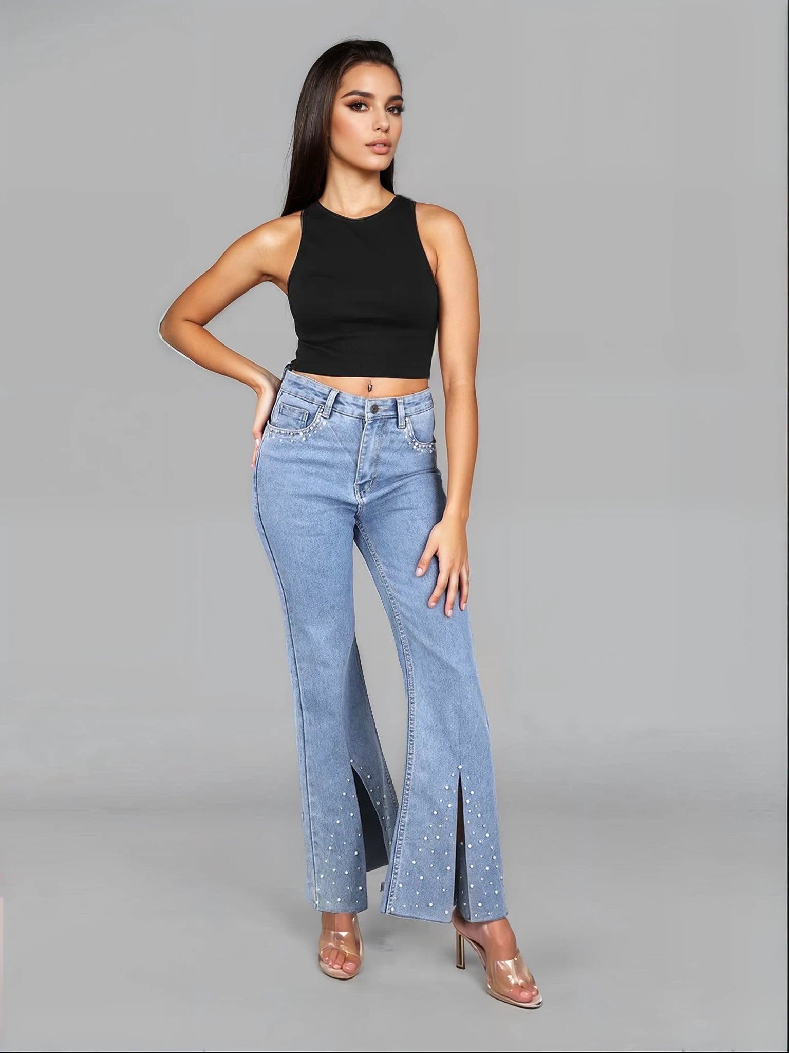 High Rise Embellished Boot Cut Flared Jeans - Iris Pearl - Image 8