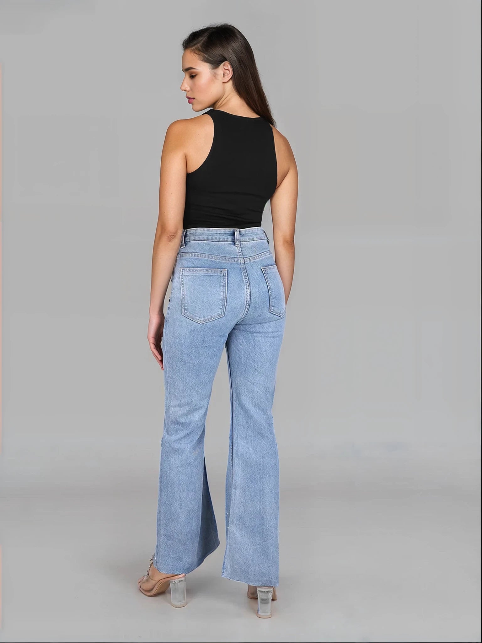 High Rise Embellished Boot Cut Flared Jeans - Iris Pearl - Image 9