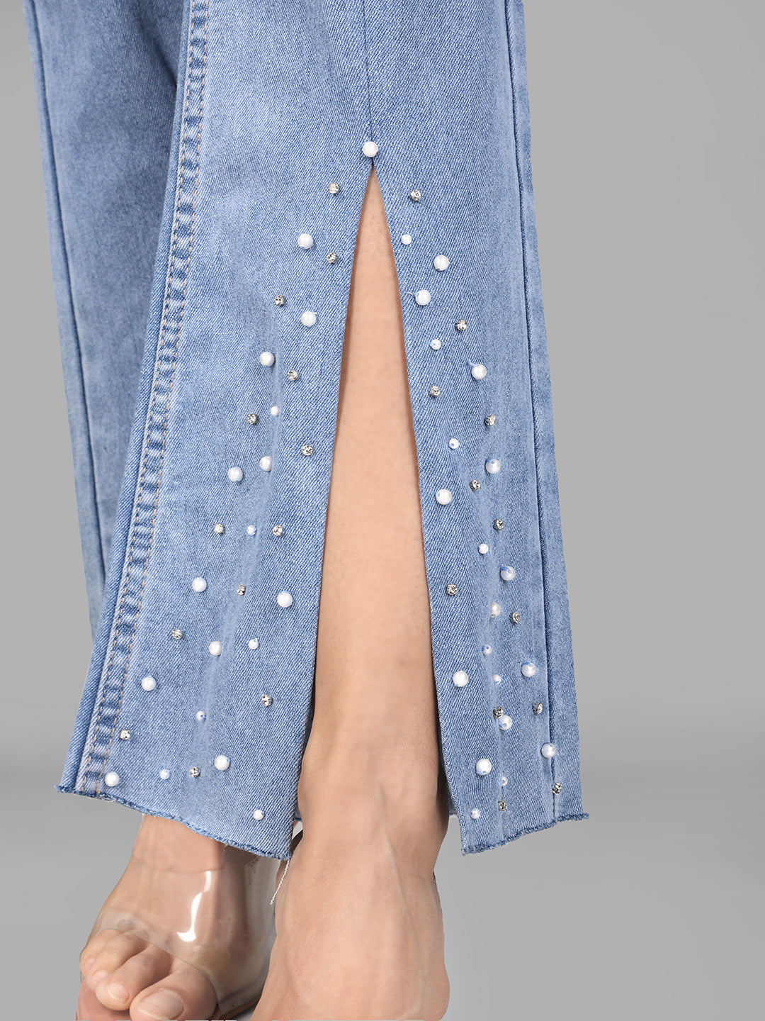 High Rise Embellished Boot Cut Flared Jeans - Iris Pearl - Image 4
