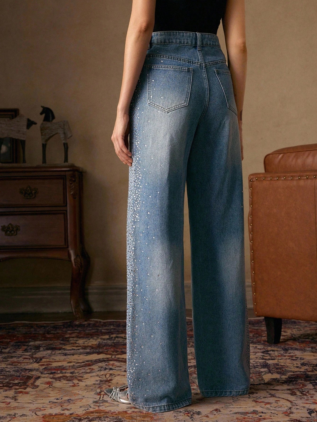 Mira - Rhinestone Embellished Wide Leg Jeans - Ice Blue - Image 7