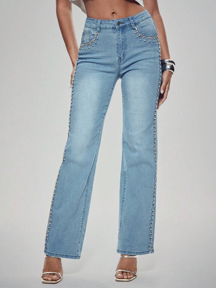 Crown Jewel - Rhinestone Embellished Wide Leg Jeans - Ice Blue - Image 4