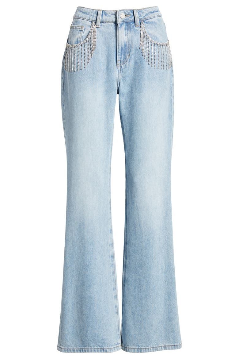 Rhinestone Tassel Wide Leg Jeans - Ice Blue - Image 5