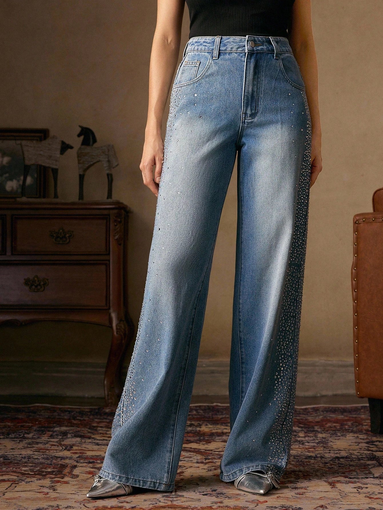 Mira - Rhinestone Embellished Wide Leg Jeans - Ice Blue - Image 4