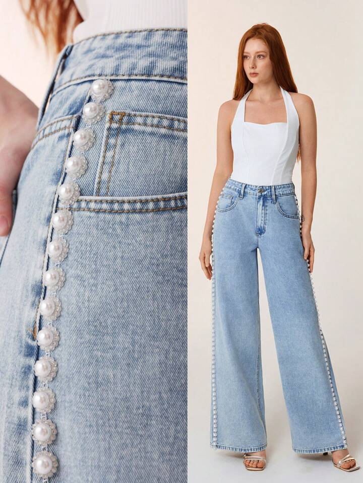 Ivory Bloom - Rhinestone Embellished Wide Leg Jeans - IceBlue - Image 2