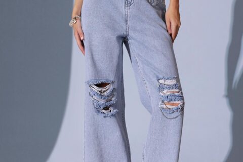 Sparkle Drip  - Distressed Rhinestone Embellished Wide Leg Jeans - Ice Blue