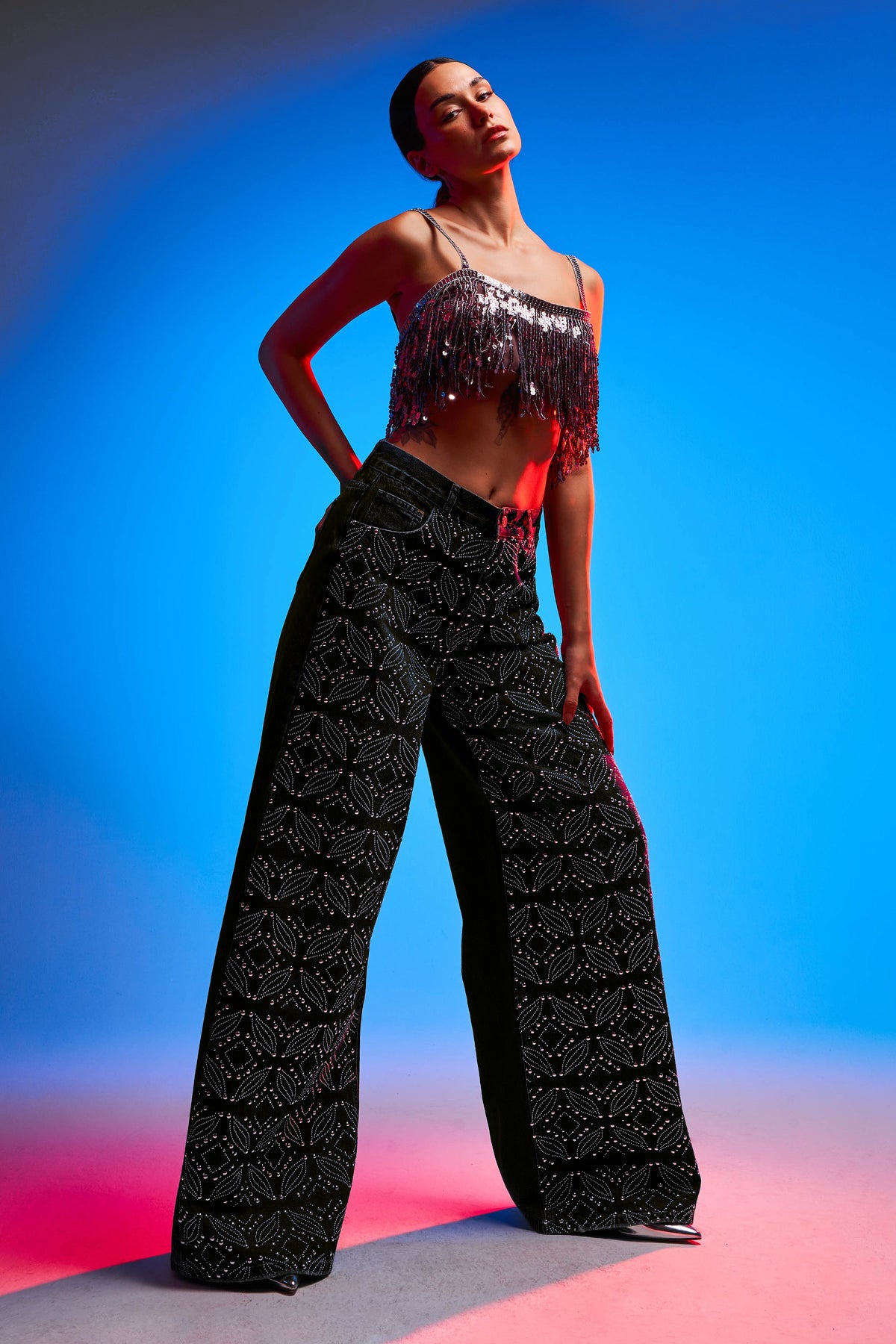 Onyx - Rhinestone Embellished Wide Leg Jeans - Image 2