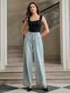 Alina - Pearl Embellished Wide Leg Jeans - Ice Blue