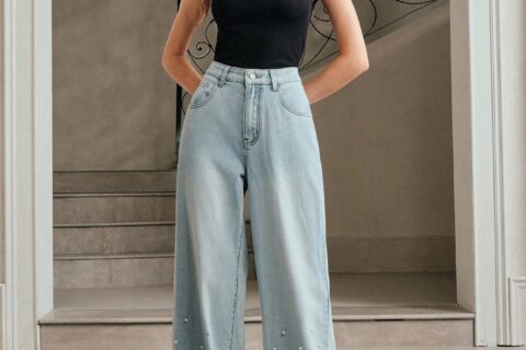 Alina - Pearl Embellished Wide Leg Jeans - Ice Blue