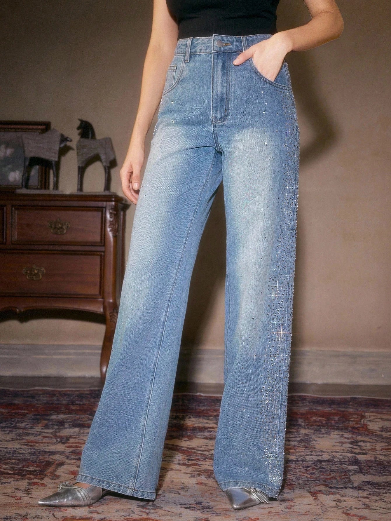 Mira - Rhinestone Embellished Wide Leg Jeans - Ice Blue - Image 6