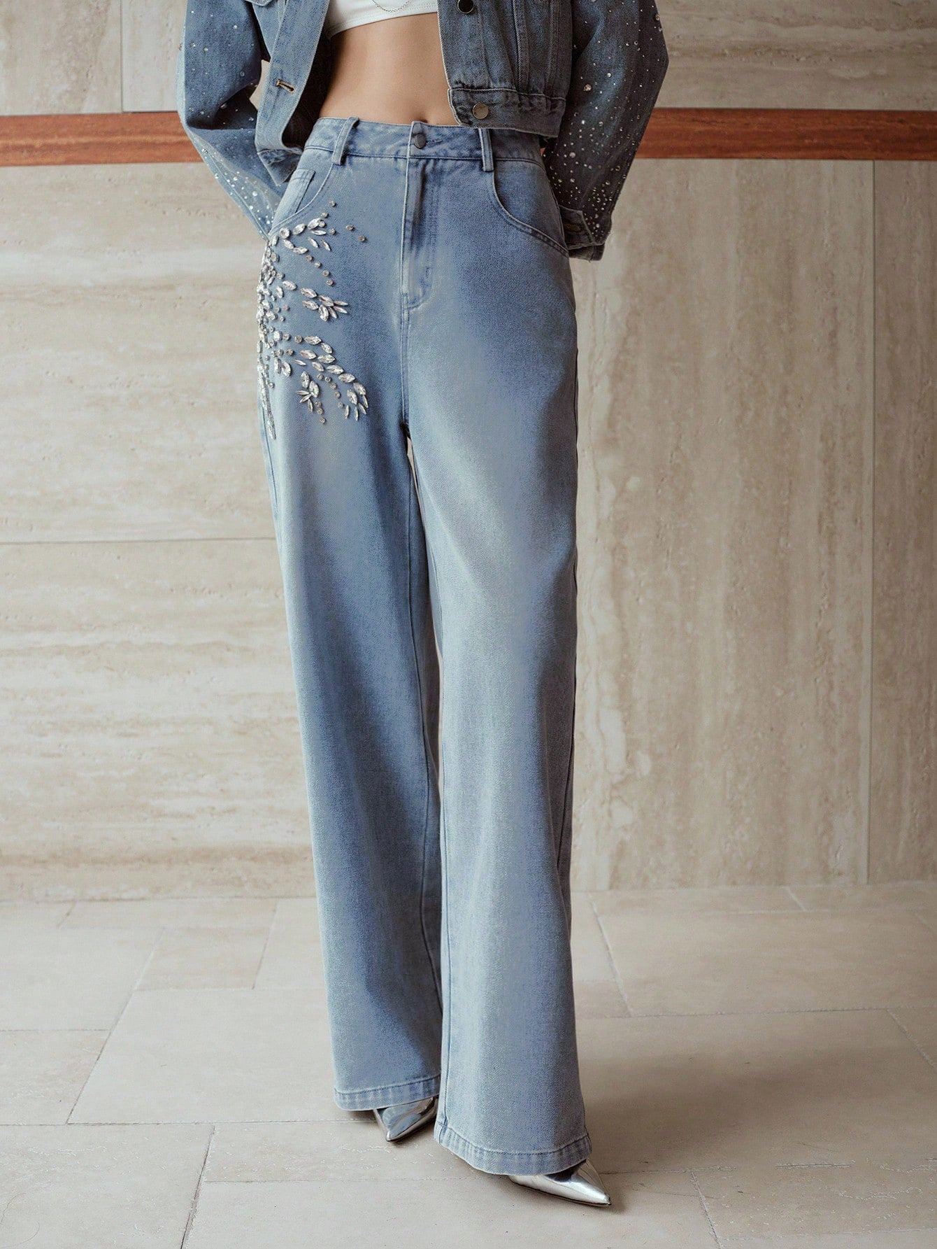 Crystal Vine - Rhinestone Embellished Wide Leg Jeans - Ice Blue - Image 2