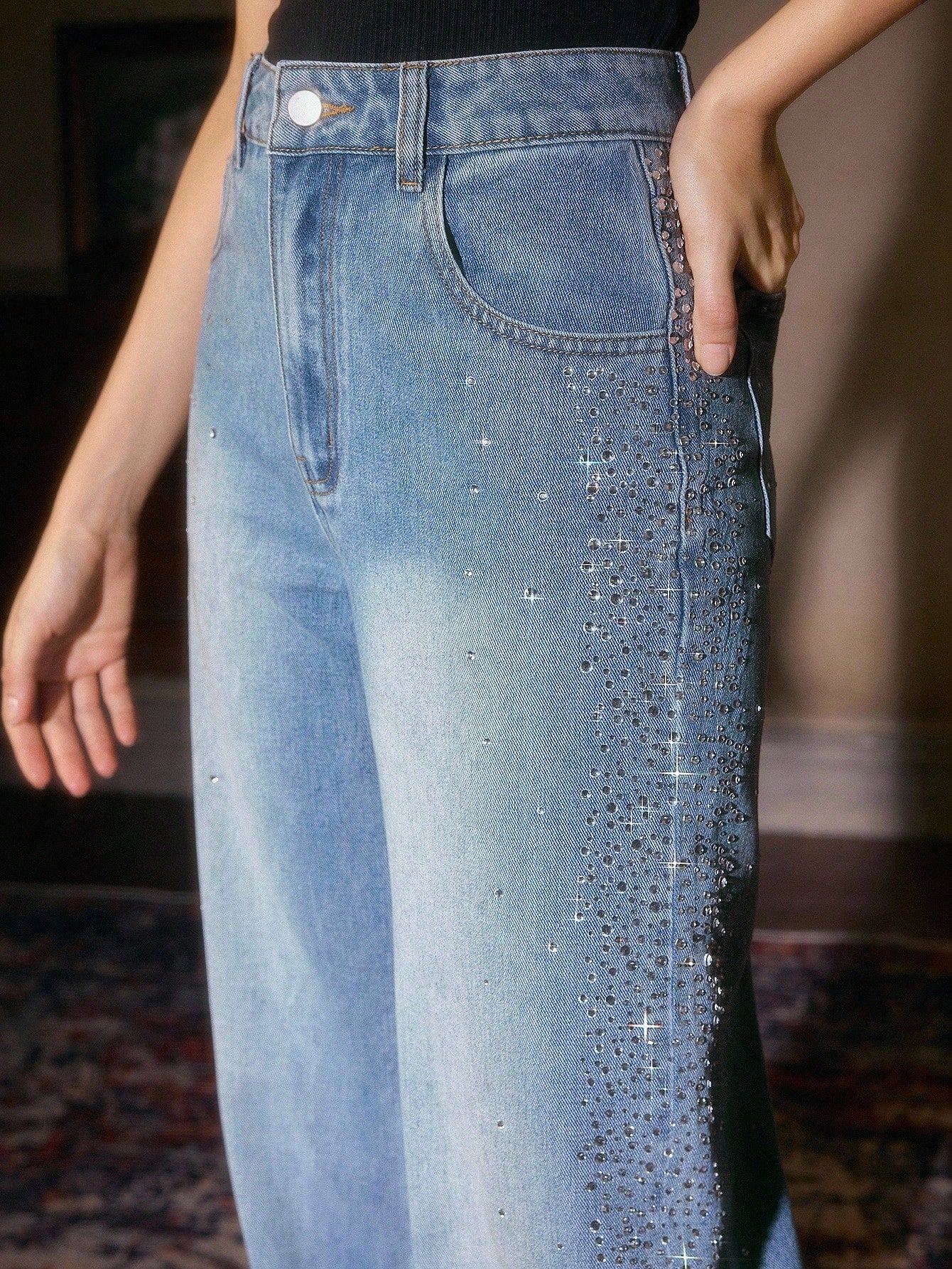 Mira - Rhinestone Embellished Wide Leg Jeans - Ice Blue - Image 3