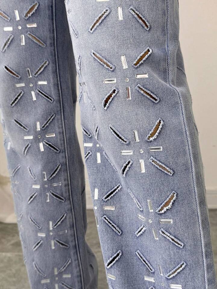 Rhinestone Embellished Wide Leg Jeans - Diana - Image 4
