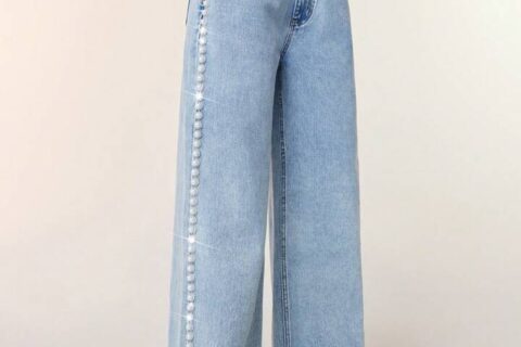 Ivory Bloom - Rhinestone Embellished Wide Leg Jeans - IceBlue