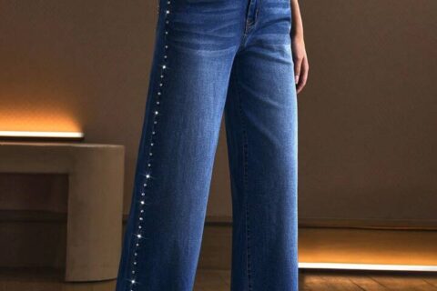 Starline - Rhinestone Embellished Wide Leg Jeans - Stone Blue