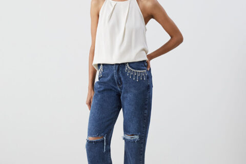 Crystal Drip - Rhinestone Embellished Wide Leg Jeans - Ice Blue