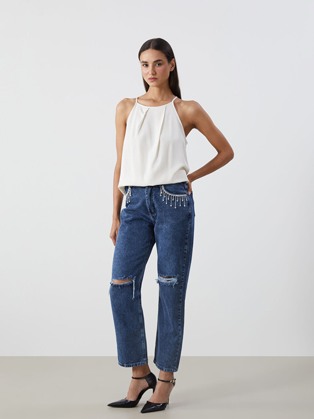 Crystal Drip - Rhinestone Embellished Wide Leg Jeans - Ice Blue