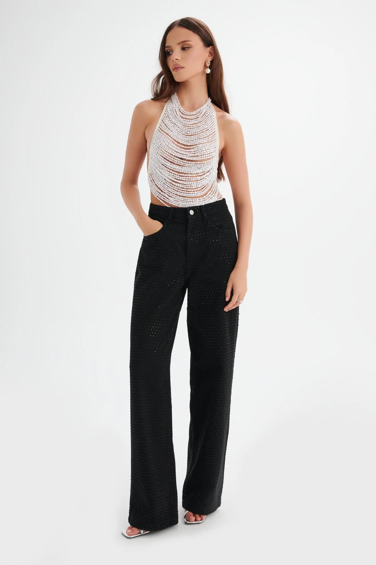 Black Diamante Denim High Rise Wide Leg Jeans - Image 2