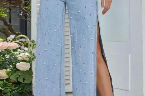 Pearl Studded Cut Out Jeans - Ice Blue