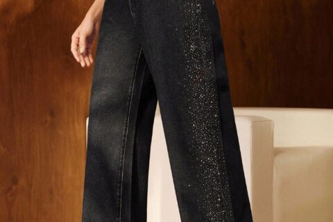 Black Diamond Mist - Rhinestone Embellished Wide Leg Jeans