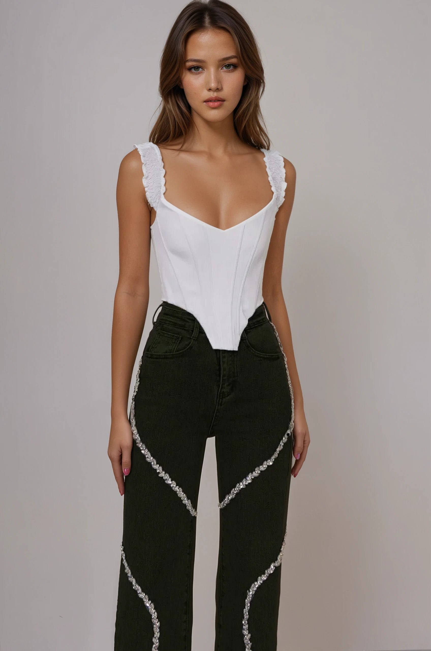 Luna - High Rise Rhinestone Embellished Wide Leg Flared Jeans - Image 4