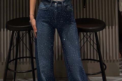 Midnight Blue Diamante Denim High Rise Wide Leg Jeans