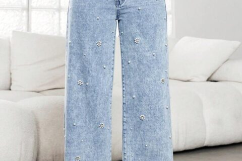 Pearl Eden - Rhinestone Embellished Wide Leg Jeans - Ice Blue