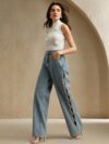 Ophelia - Pearl Embellished Wide Leg Jeans - Ice Blue