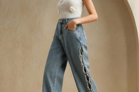 Ophelia - Pearl Embellished Wide Leg Jeans - Ice Blue