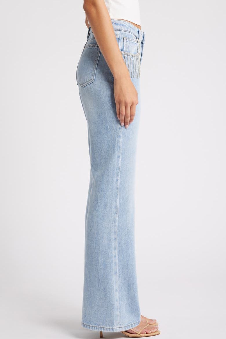 Rhinestone Tassel Wide Leg Jeans - Ice Blue - Image 3