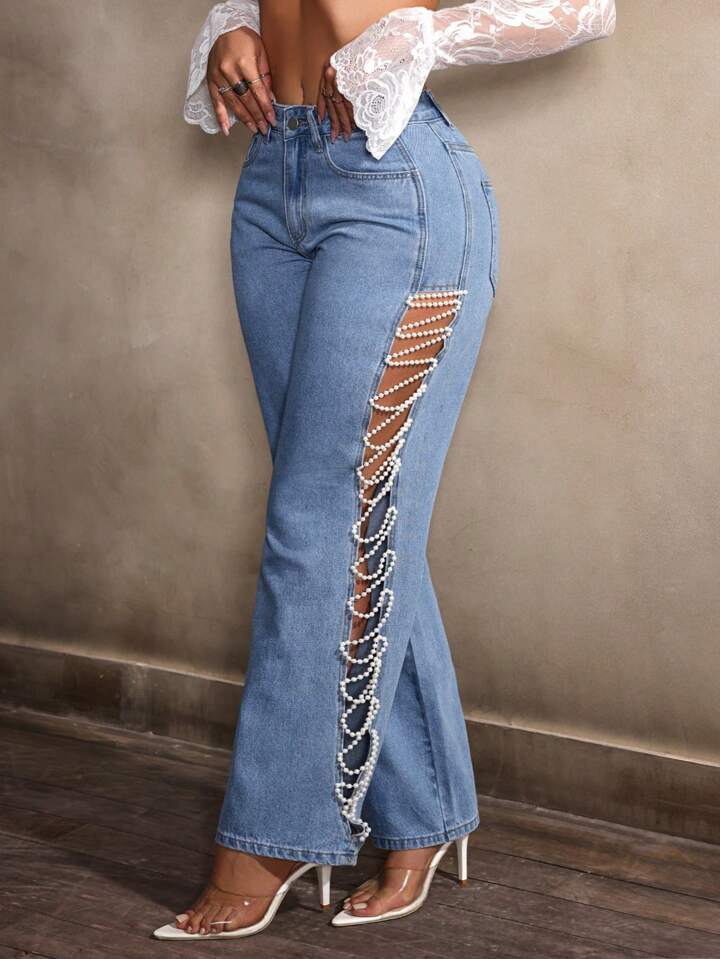 Alice - Pearl Embellished Slit Jeans - Image 5