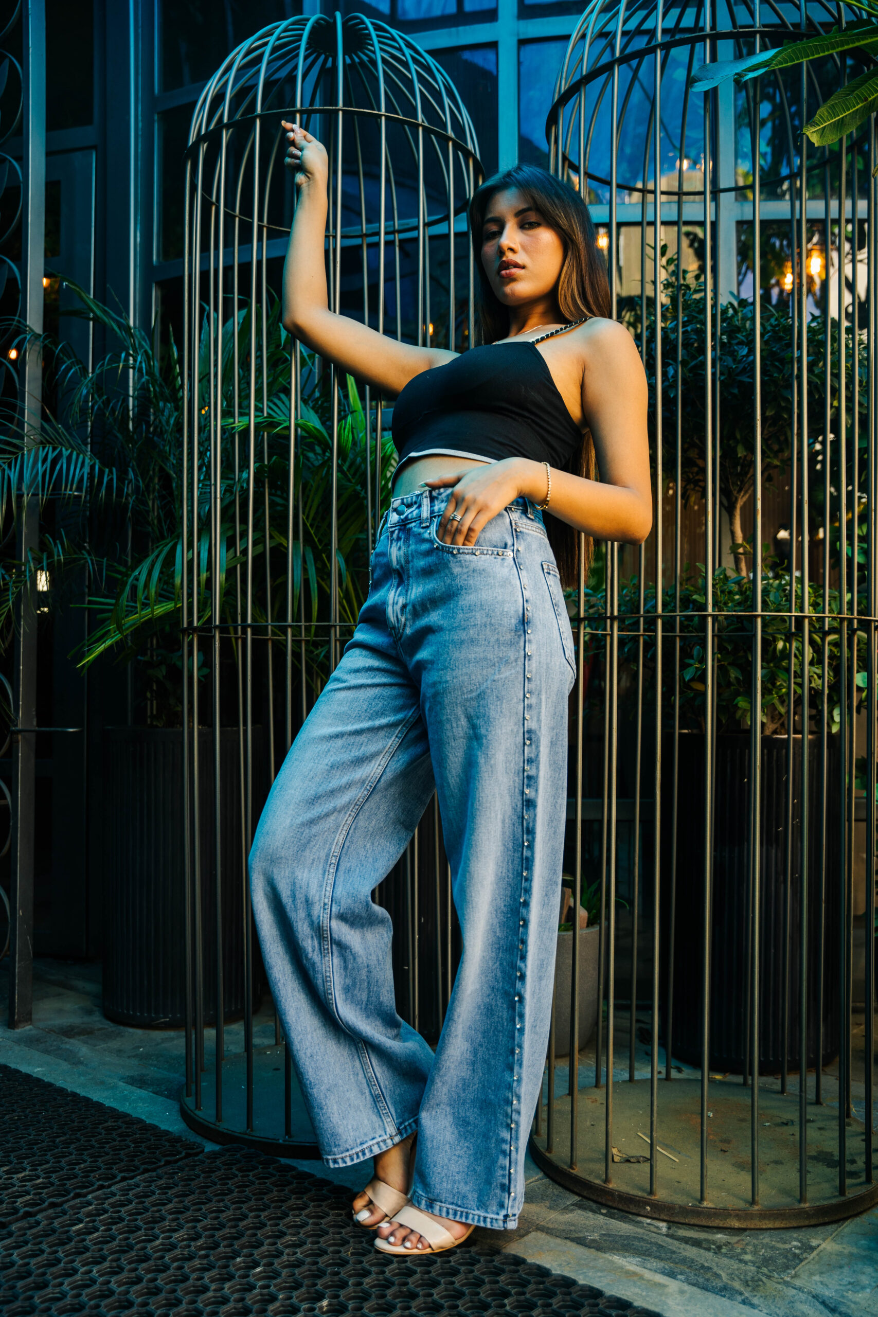 Samantha - Rhinestone Embellished Wide Leg Jeans - Ice Blue