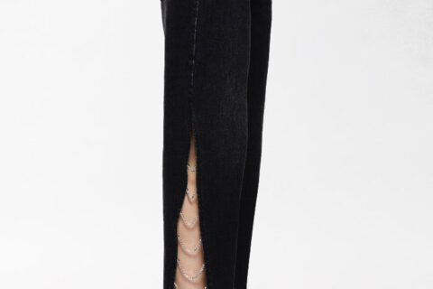 Side Slit Rhinestone Embellished Jeans - Black