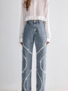 Rhinestone Embellished Wide Leg Jeans - Velora