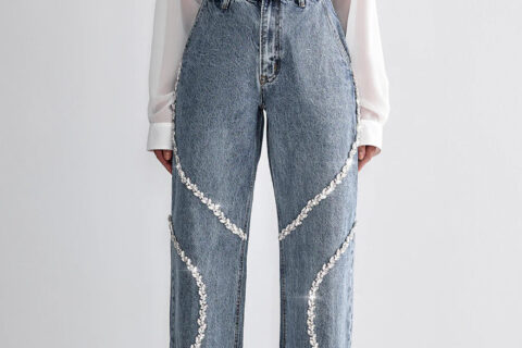 Rhinestone Embellished Wide Leg Jeans - Velora