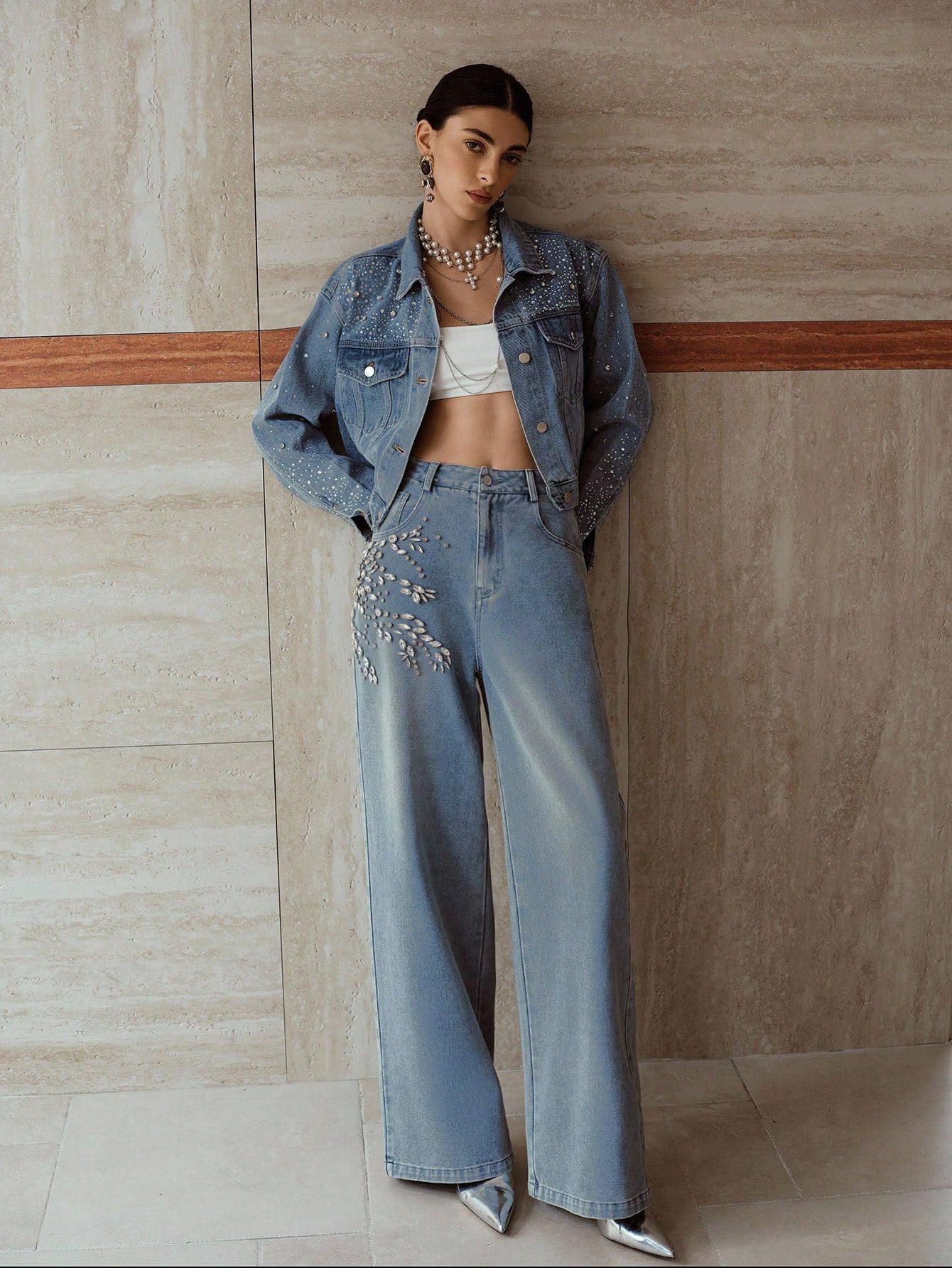 Crystal Vine - Rhinestone Embellished Wide Leg Jeans - Ice Blue - Image 5