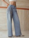 Crystal Vine - Rhinestone Embellished Wide Leg Jeans - Ice Blue