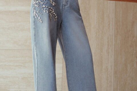 Crystal Vine - Rhinestone Embellished Wide Leg Jeans - Ice Blue