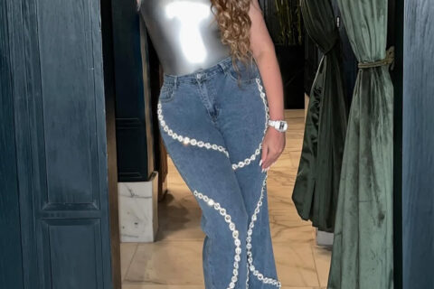 Rhinestone Embellished Wide Leg Jeans - Athena