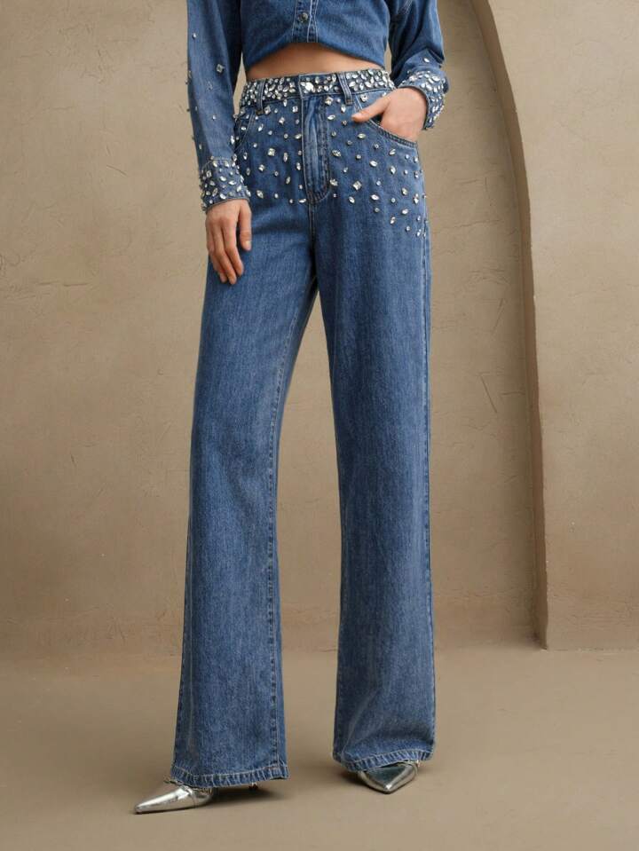 Midnight Dazzle Band - Rhinestone Embellished Wide Leg Jeans - Image 3