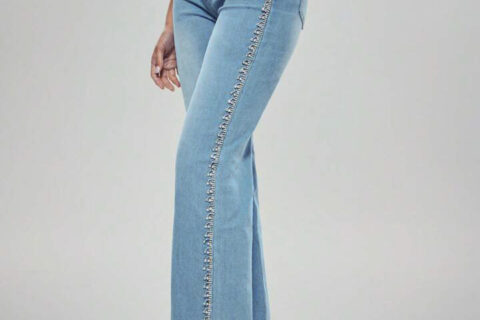 Crown Jewel - Rhinestone Embellished Wide Leg Jeans - Ice Blue