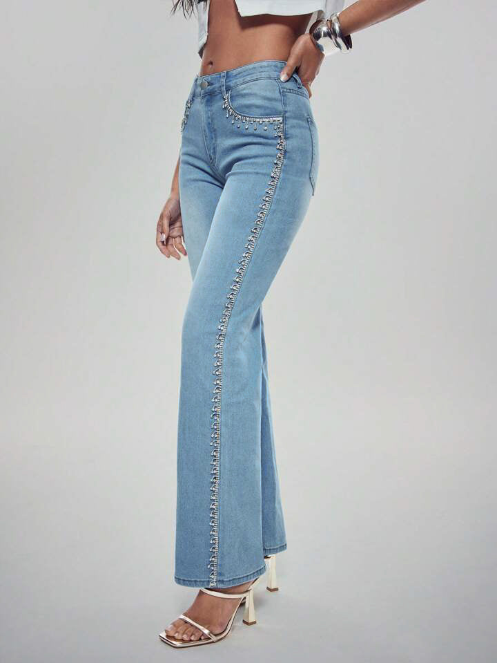 Crown Jewel - Rhinestone Embellished Wide Leg Jeans - Ice Blue