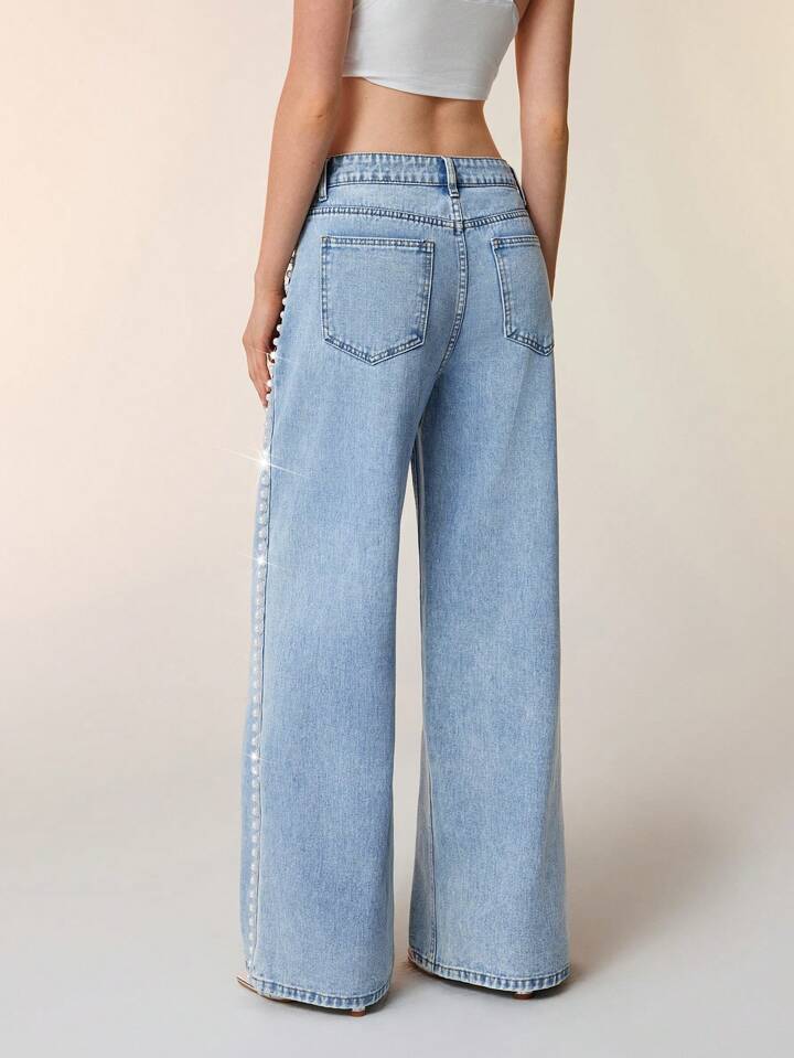 Ivory Bloom - Rhinestone Embellished Wide Leg Jeans - IceBlue - Image 3