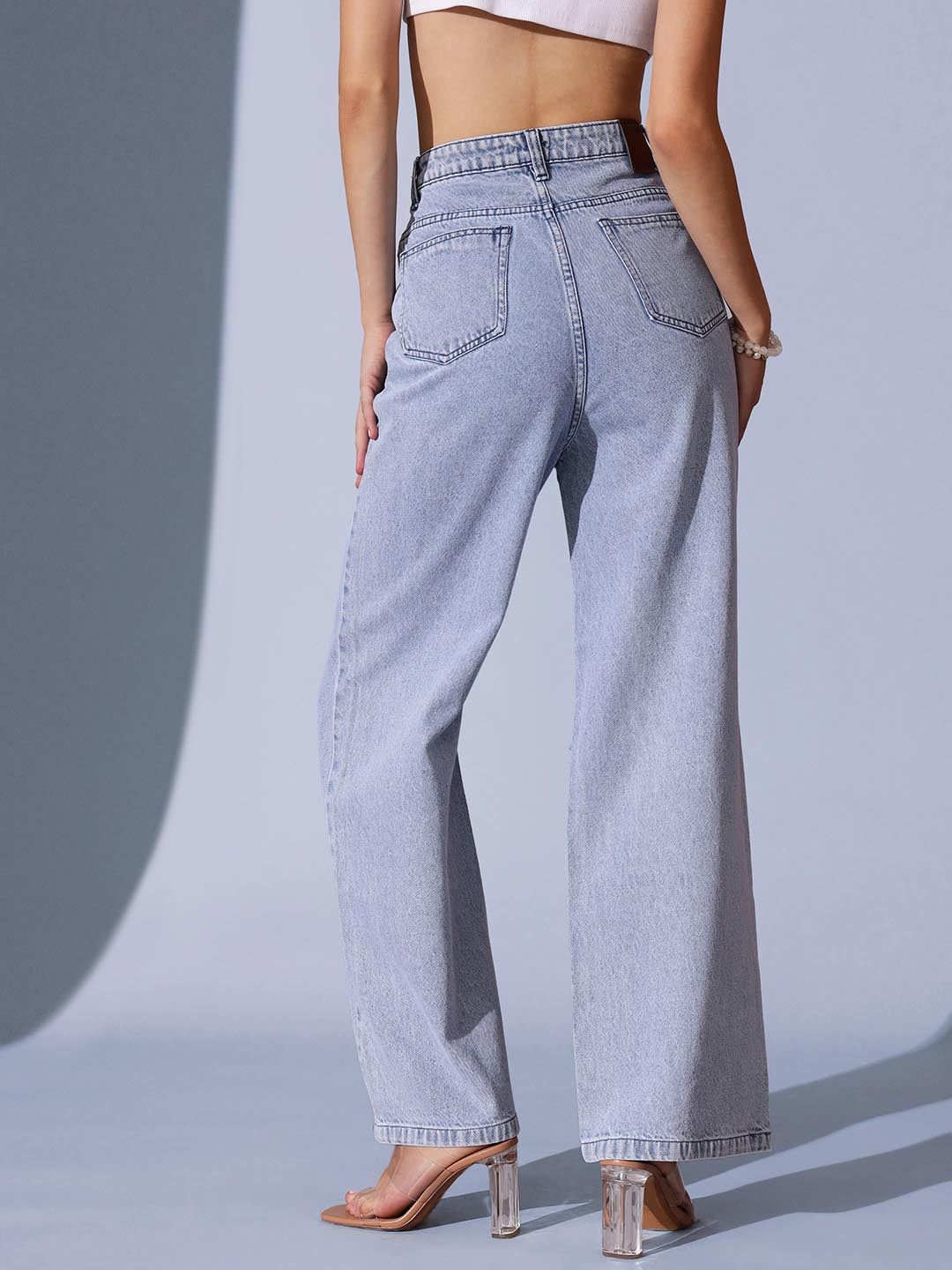 Sparkle Drip - Distressed Rhinestone Embellished Wide Leg Jeans - Ice Blue - Image 4