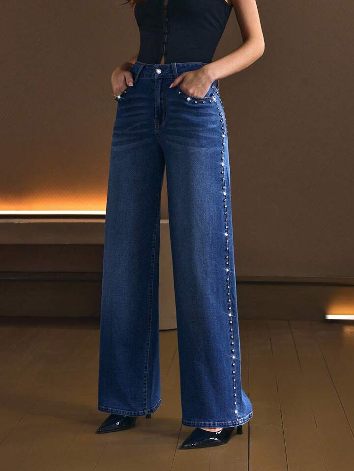 Starline - Rhinestone Embellished Wide Leg Jeans - Stone Blue - Image 2