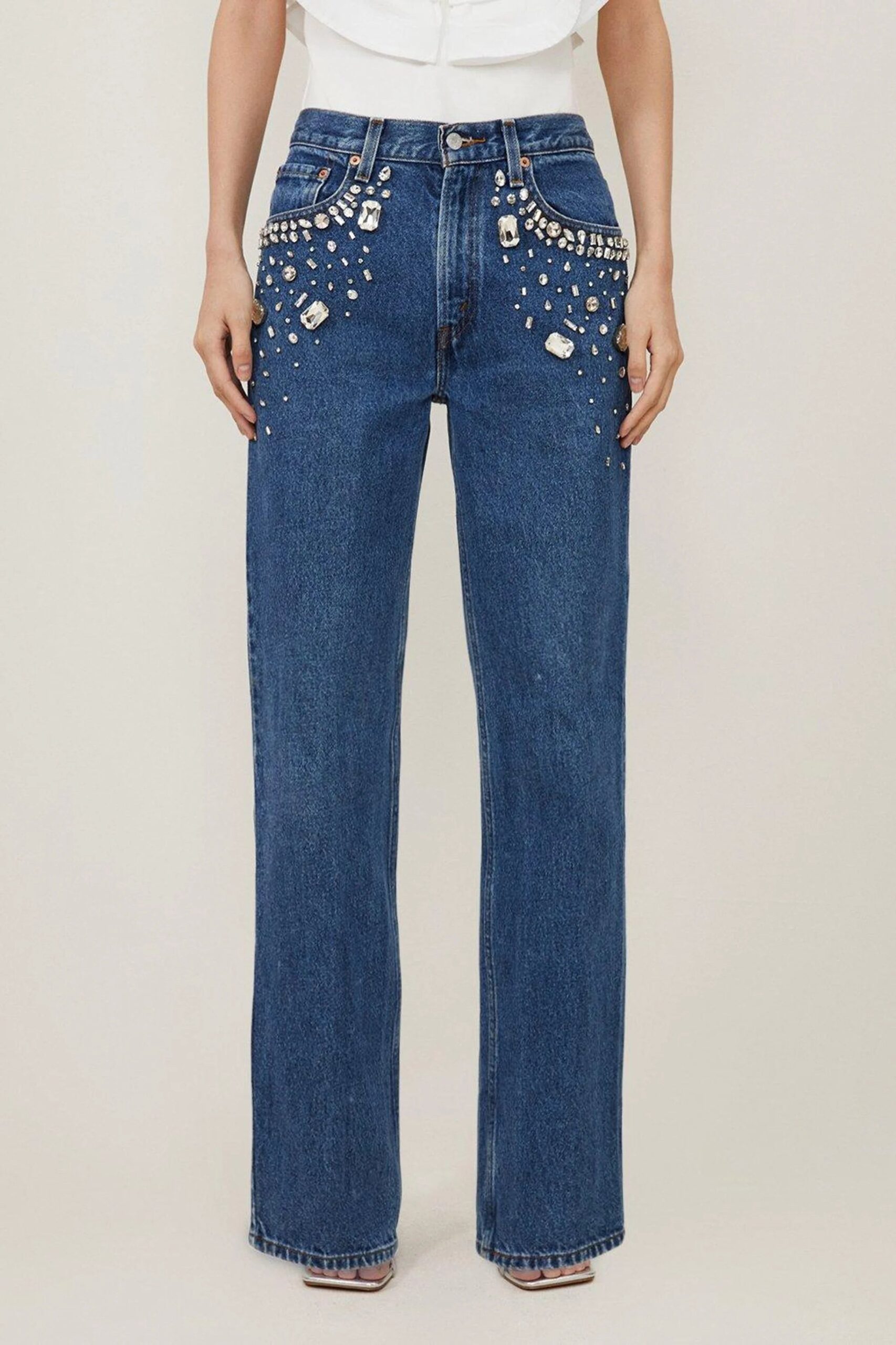 Tanya - Rhinestone Embellished Wide Leg Jeans - Dark Blue - Image 2