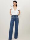 Tanya - Rhinestone Embellished Wide Leg Jeans - Dark Blue