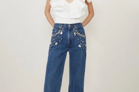 Tanya - Rhinestone Embellished Wide Leg Jeans - Dark Blue