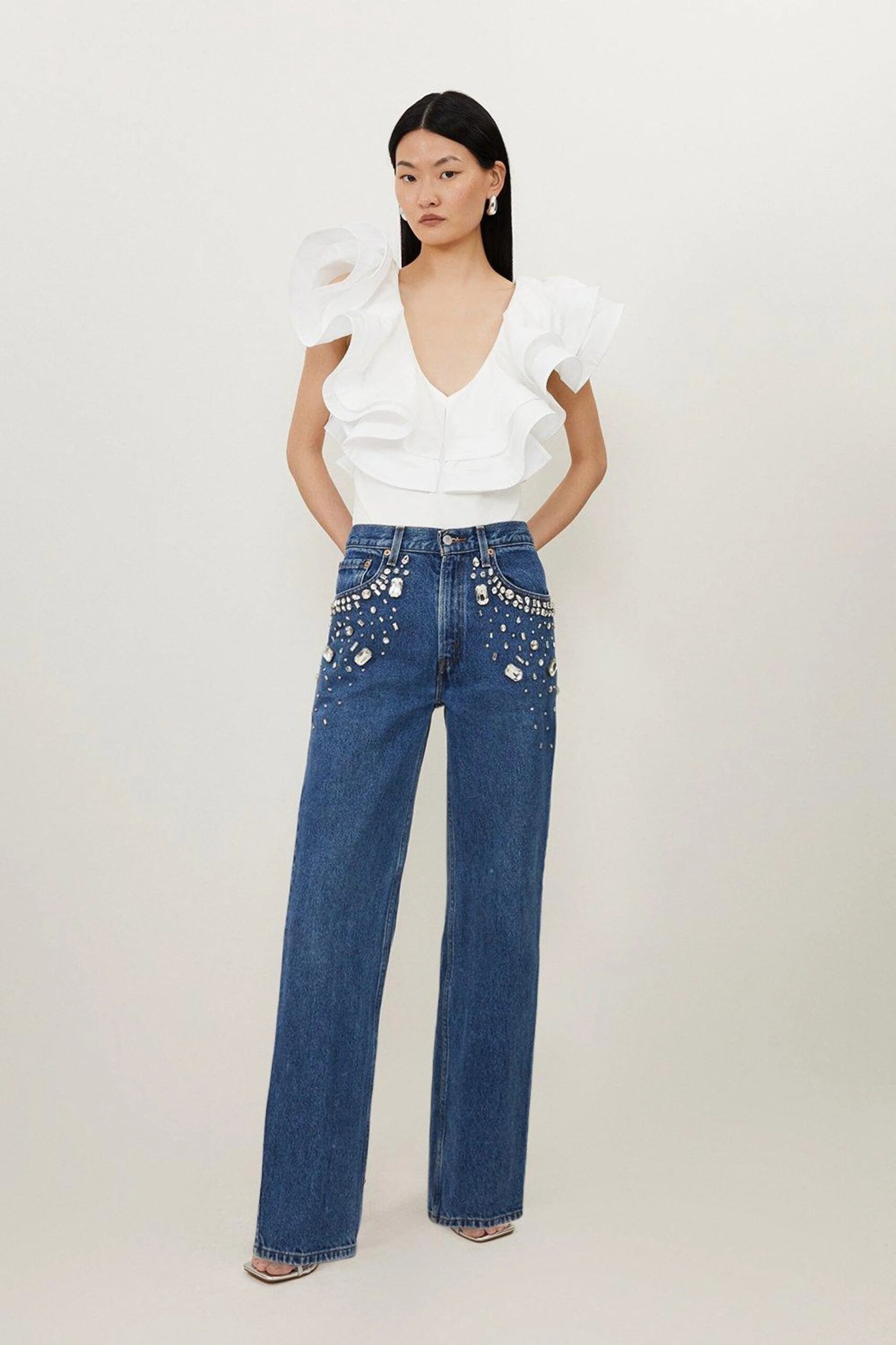 Tanya - Rhinestone Embellished Wide Leg Jeans - Dark Blue