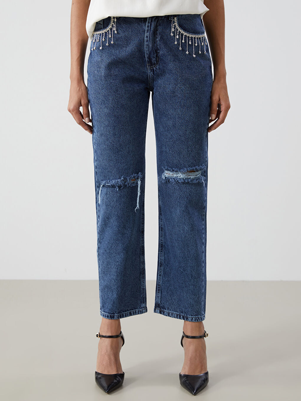 Crystal Drip - Rhinestone Embellished Wide Leg Jeans - Ice Blue - Image 2