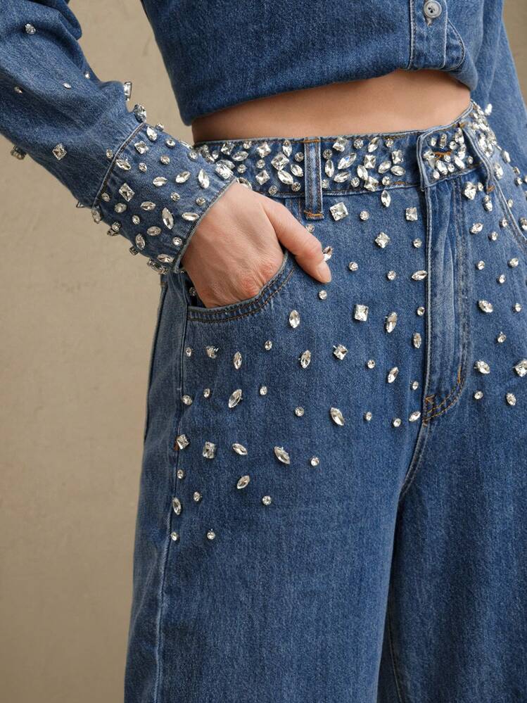 Midnight Dazzle Band - Rhinestone Embellished Wide Leg Jeans - Image 7